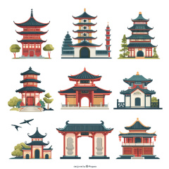 Collection of 9 Chinese Southern - Style Ancient Garden Architecture Icons