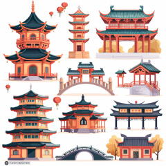 Collection of Ten Chinese Ancient Style Building Icons