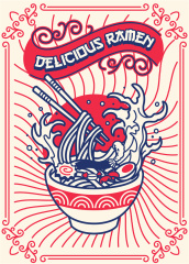 Japanese Retro Banner – Restaurant Wall Decor with Ramen Bowl & Rising Steam Motif