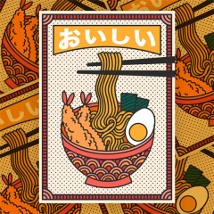 Japanese Vintage Poster – Restaurant Backdrop Art Featuring Ramen Bowl & Rising Sun Motif