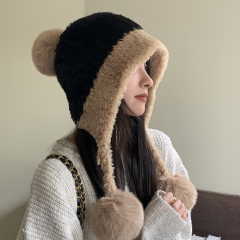 毛绒雷锋帽子女秋冬新款加绒加厚针织吊球毛线帽保暖护耳朵针织帽
