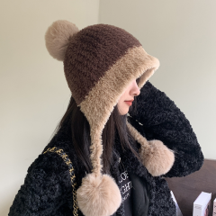 毛绒雷锋帽子女秋冬新款加绒加厚针织吊球毛线帽保暖护耳朵针织帽