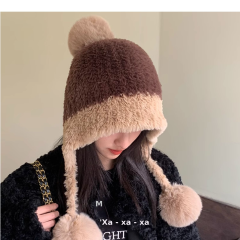 毛绒雷锋帽子女秋冬新款加绒加厚针织吊球毛线帽保暖护耳朵针织帽