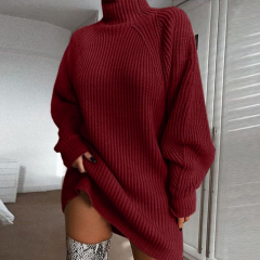 欧美外贸秋冬季新品女士针织衫中长款插肩袖半高领女式毛衣连衣裙