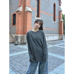 GAGD 圆领撞色灰条纹宽松慵懒风长袖T恤女秋季新款打底衫上衣
