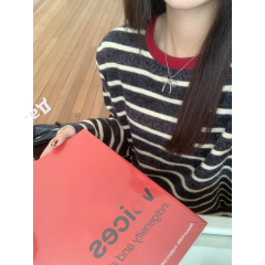 衣天堂 磨毛撞色条纹长袖T恤女 秋冬加厚仿兔毛宽松休闲长袖上衣