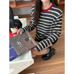 衣天堂 磨毛撞色条纹长袖T恤女 秋冬加厚仿兔毛宽松休闲长袖上衣