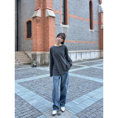 GAGD 圆领撞色灰条纹宽松慵懒风长袖T恤女秋季新款打底衫上衣