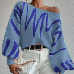 欧美外贸新款宽松套头针织毛衫女装跨境亚马逊灯笼袖设计感毛衣女