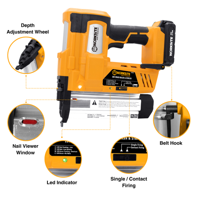 WORKSITE 2-In-1 Cordless Nailer Stapler 18 Gauge 20V Battery Power Portable Flooring Roofing Framing Palm Nail Gun
