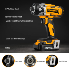 WORKSITE 20V Cordless Impact Driver 1/4" High Torque 250N.m Lithium-ion Battery Power 6.35mm Screw Impact Drivers
