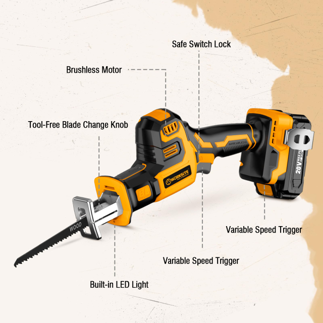 WORKSITE Brushless Cordless Reciprocating Saw 20V Max Compact Portable Small Variable Speed Power Cutter Saws for Wood Metal Cutting