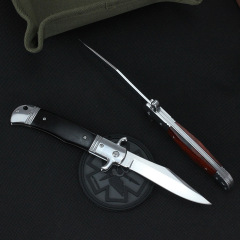 Italy Classical 9'' AKC Sandalwood Handles OTF AUTO Knife 3.85" 440C Steel Mirror Blade