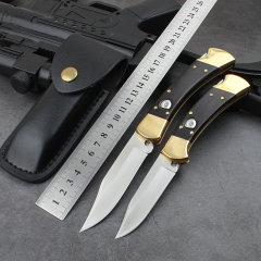 Buck 110/112 AUTO Folding Hunter 3.74" D2 Plain Blade, Ebony Wood Handles, Leather Sheath