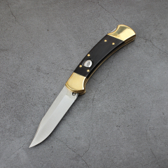Buck 110/112 AUTO Folding Hunter 3.74" D2 Plain Blade, Ebony Wood Handles, Leather Sheath