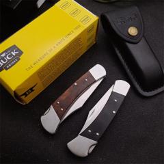 Buck 110 Folding Hunter 3.35" 440C Blade, Ebony Wood Handles, Lockback, Leather Sheath