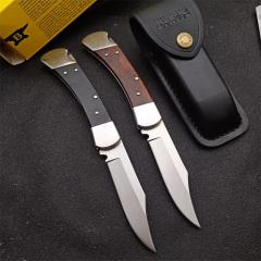 Buck 110 Folding Hunter 3.35" 440C Blade, Ebony Wood Handles, Lockback, Leather Sheath