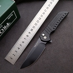 Pro-TechMordax Manual Button Lock Flipper Knife 3.15" CPM-20CV Black DLC Drop Point Blade, Aviation Aluminum Handles