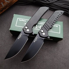 Pro-TechMordax Manual Button Lock Flipper Knife 3.15" CPM-20CV Black DLC Drop Point Blade, Aviation Aluminum Handles