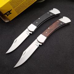 BK 110 Hunter Knife 3.35" 440c Folding Blade, Ebony Wood Handles, Lockback, Leather Sheath