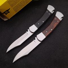 BK 110 Hunter Knife 3.35" 440c Folding Blade, Ebony Wood Handles, Lockback, Leather Sheath