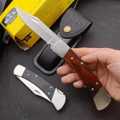 BK 110 Hunter Knife 3.35" 440c Folding Blade, Ebony Wood Handles, Lockback, Leather Sheath