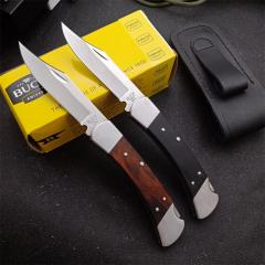 BK 110 Hunter Knife 3.35" 440c Folding Blade, Ebony Wood Handles, Lockback, Leather Sheath