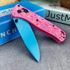 BM 535-3 Donut Pink Knife Bugout AXIS Folding 3.07" D2 Satin Plain Blade, G10 Handles