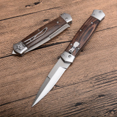 F125 Knifes Horizontal Fast Opening Auto Knife 3.54" 8Cr13 Satin Plain Blade, Wooden Handles