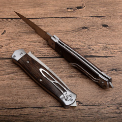 F125 Knifes Horizontal Fast Opening Auto Knife 3.54" 8Cr13 Satin Plain Blade, Wooden Handles
