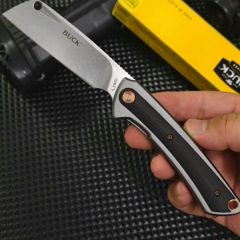 BK-263 XL Knives Manual Flipper Knife 2.83" D2 Cleaver-Style Blade, Gray Anodized Aluminum Handles with Black G10 Onlay