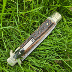 Italy Classical Plus Leverletto 9'' AKC Knives OTF AUTO Knife 3.54" Damascus Steel Blade, Brass+Antler Handles