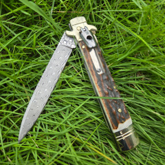 Italy Classical Plus Leverletto 9'' AKC Knives OTF AUTO Knife 3.54" Damascus Steel Blade, Brass+Antler Handles