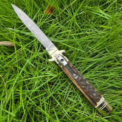 Italy Classical Plus Leverletto 9'' AKC Knives OTF AUTO Knife 3.54" Damascus Steel Blade, Brass+Antler Handles