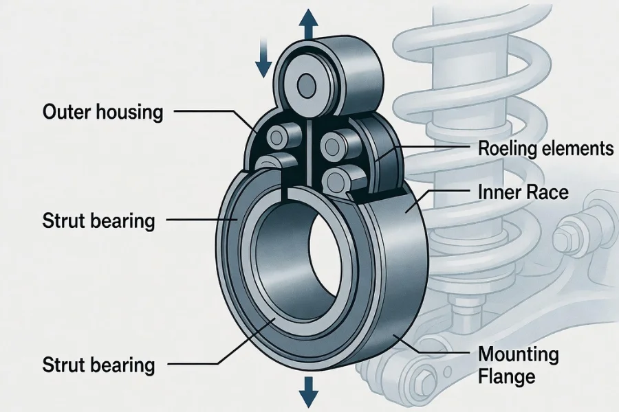 Strut bearing diagram showing its role in the car's suspension and steering system, crucial for smooth steering and suspension performance.