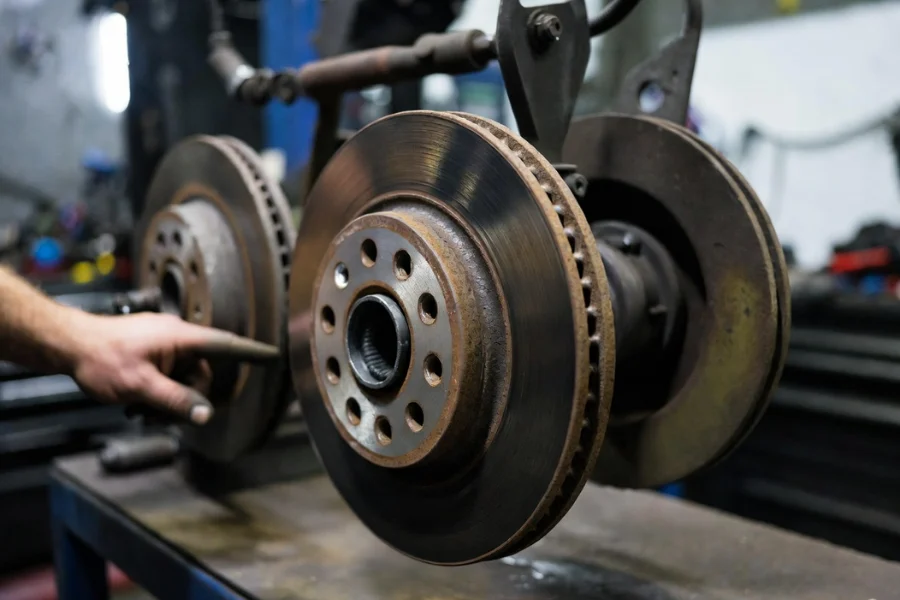 Mechanic inspecting warped brake rotors, a common cause of brake pedal vibrations during braking.