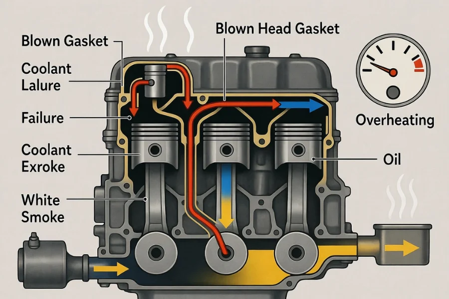Blown head gasket causing coolant to mix with engine oil, resulting in milky oil.