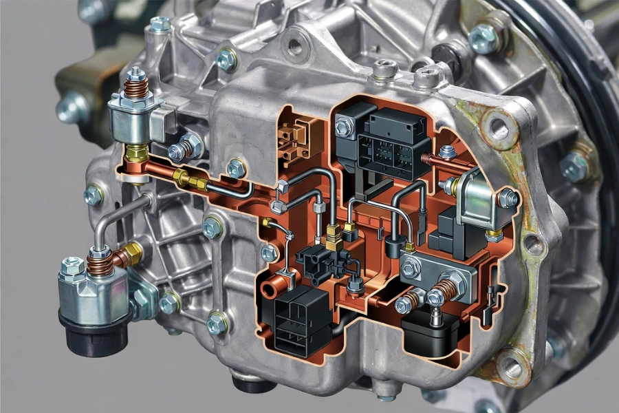 ABS brake bleeding diagram showing hydraulic control module where air can become trapped