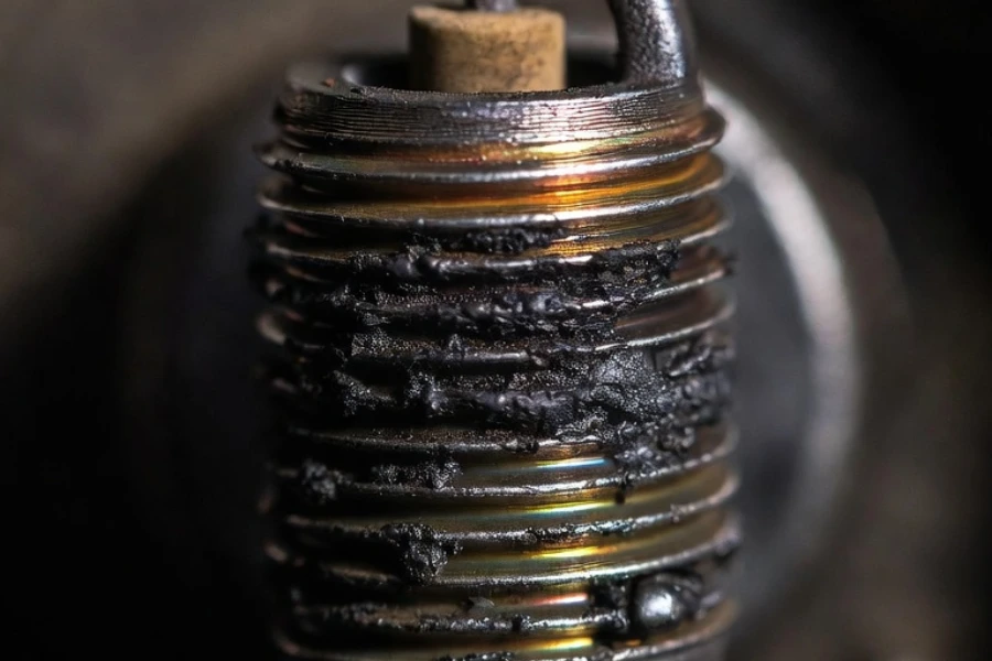 dirty spark plug with carbon buildup showing why cleaning spark plugs is necessary