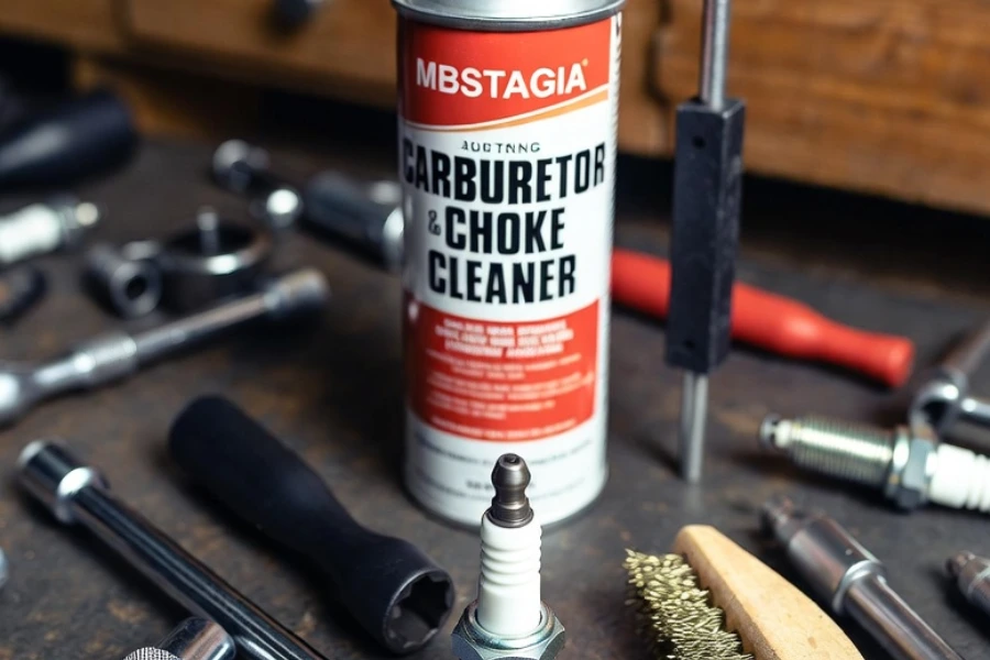 automotive tools for spark plug cleaning including spark plug socket, ratchet, wire brush, carburetor cleaner, spark plug gap tool on mechanic workbench, realistic workshop environment