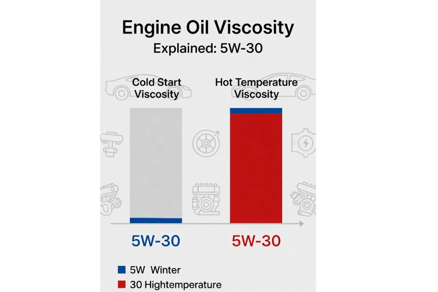 SAE viscosity engine oil bottle markings showing 5W30 oil rating explanation