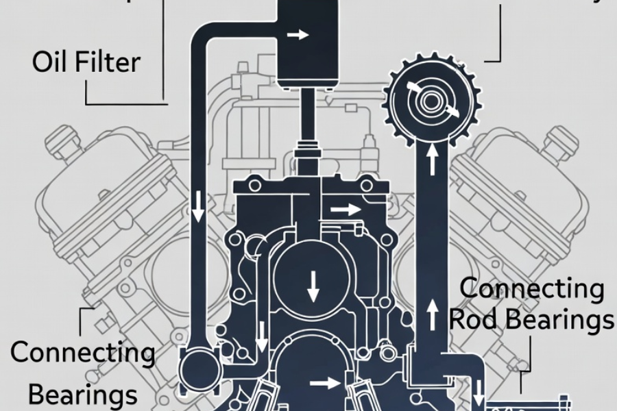 automotive engine lubrication system diagram showing oil flow to bearings turbocharger and timing chain tensioner, technical illustration, automotive engineering style