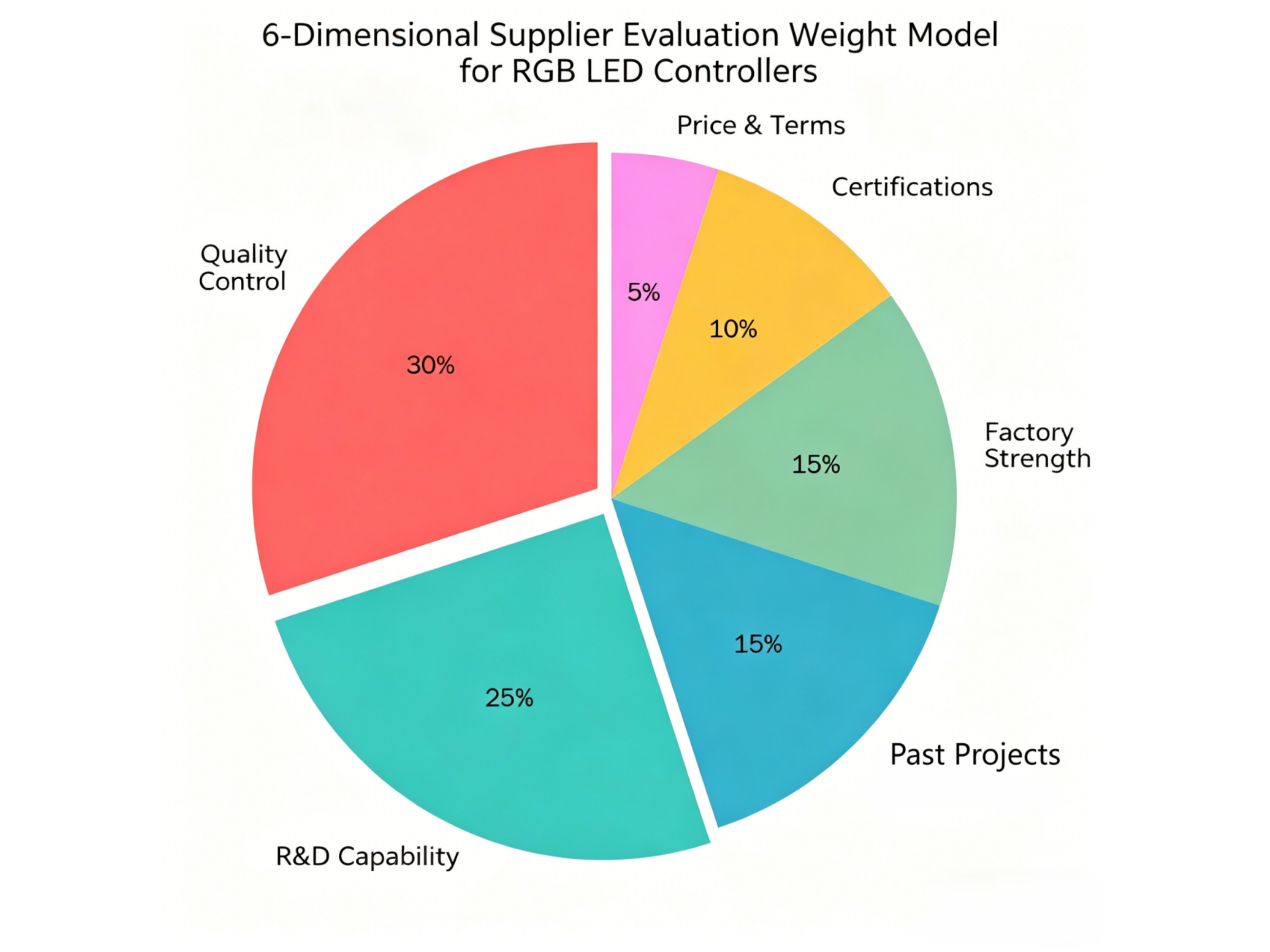 6-dimensional supplier evaluation weight model for RGB LED controllers (pie chart)