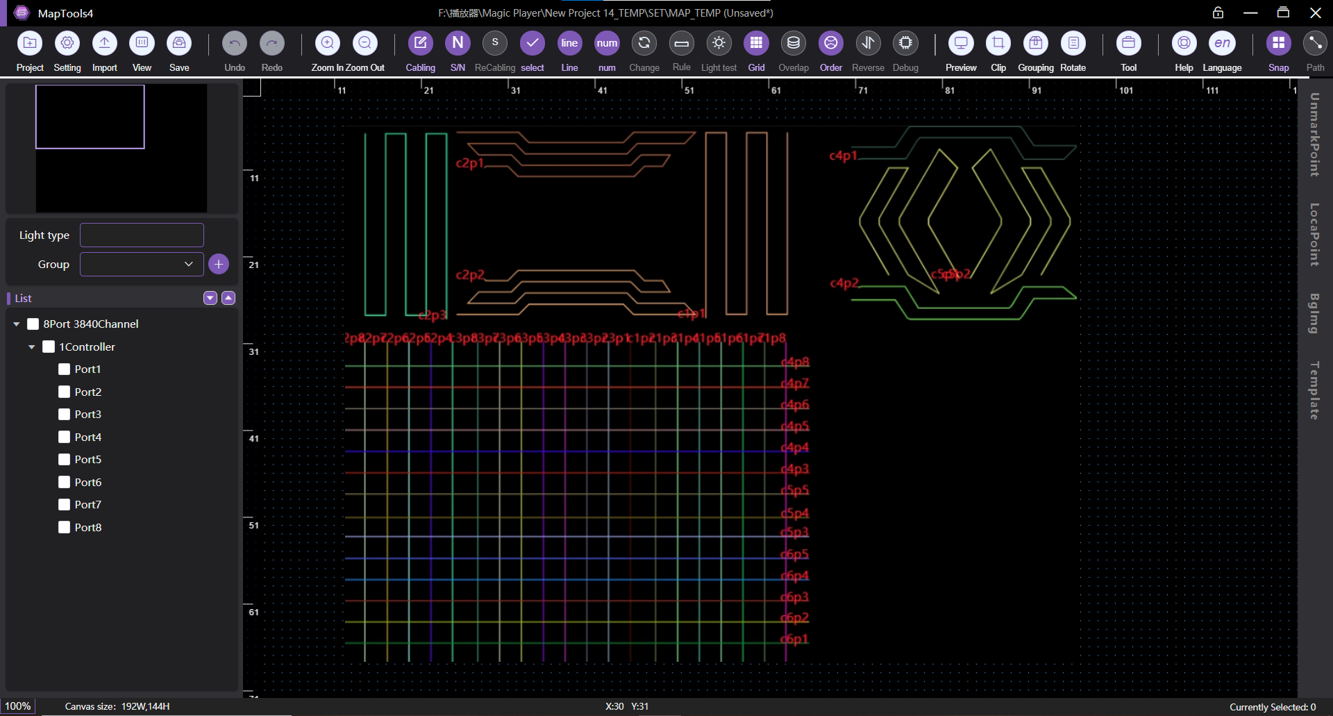 LED wiring tool shortcut keys and project preview window