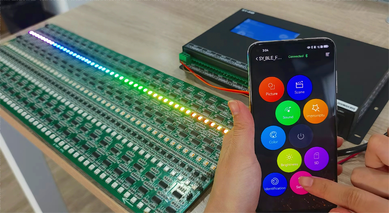 eSeeker app controlling RGB LED controller in test setup