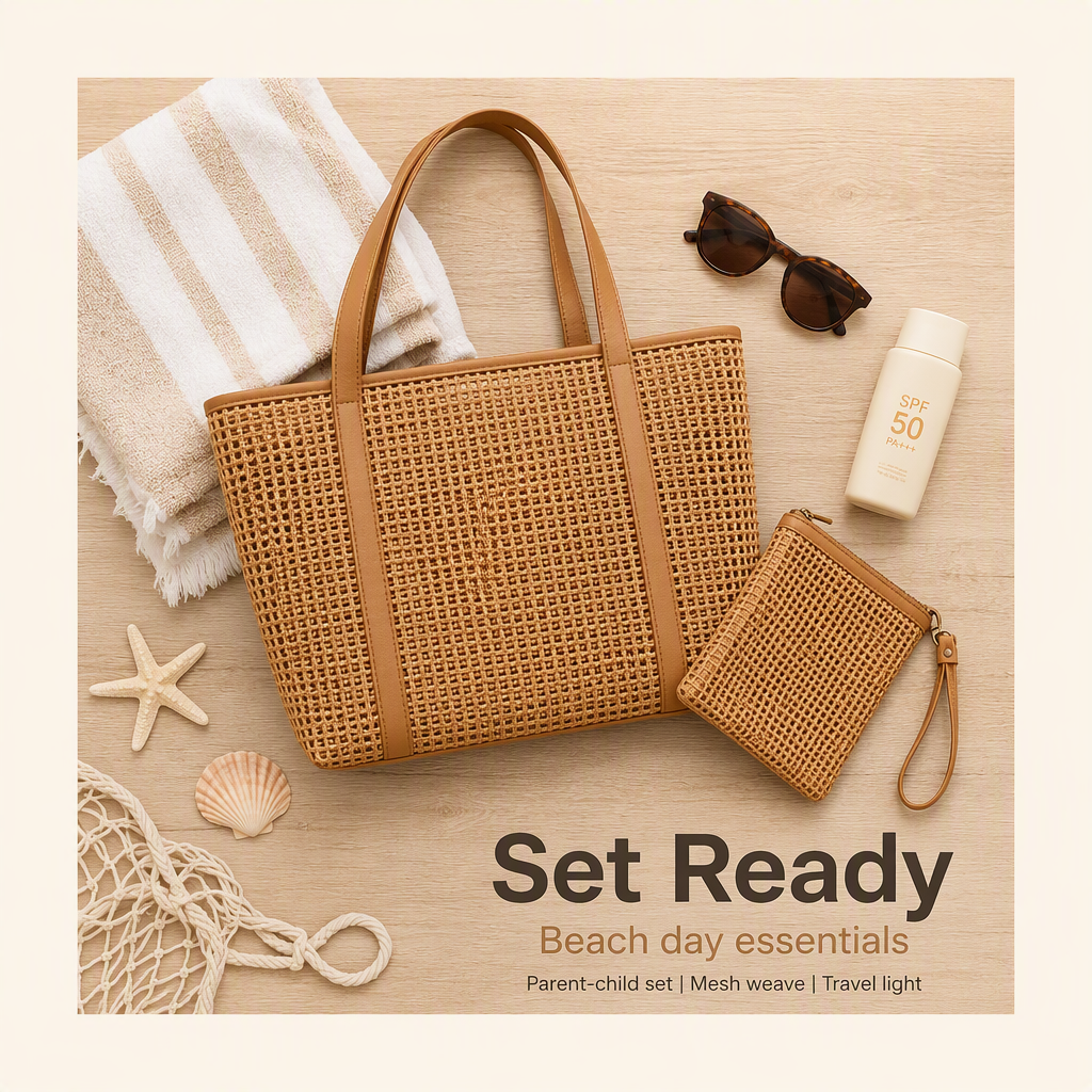 Woven beach tote with pouch, towel, sunglasses and SPF flat lay