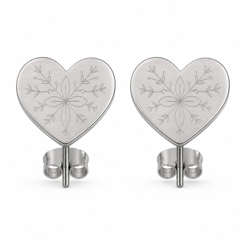 Laser engraved heart stud earrings with floral engraving on satin silver