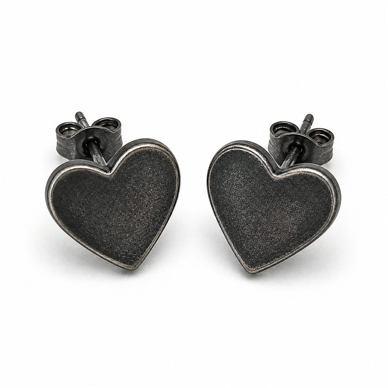 PVD coated heart stud earrings with gunmetal grey finish and polished border