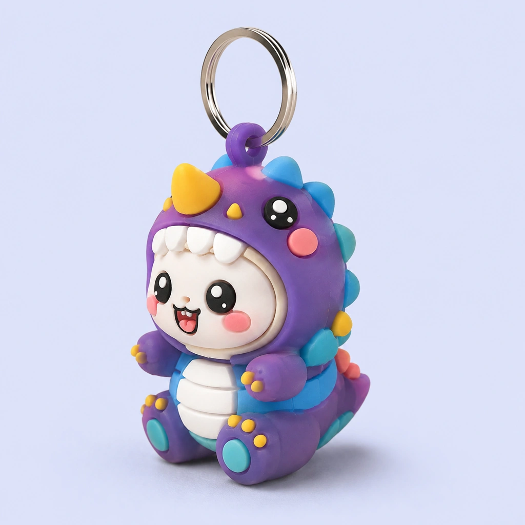 Design your own custom rubber keychain in vibrant 3D soft PVC. Cute cartoon characters, unlimited colors, MOQ 50 pcs, fast worldwide shipping. Free artwork help - get your personalized keychain bulk order today!