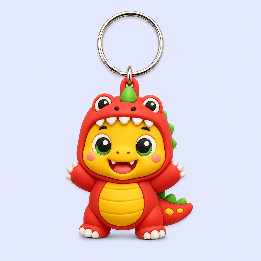 Soft PVC keychain varied angle view showing flexible non-toxic rubber material